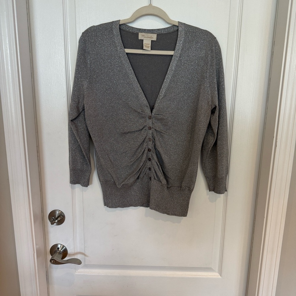 Vintage Gray Cardigan Metallic Lurex Ruched Button Front Sweater L 🎉 2 For $20 🎉